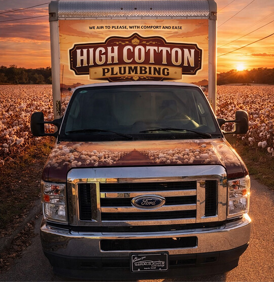 A plumbing truck with "High Cotton Plumbing" on the back and cotton field imagery on the hood is parked in a cotton field at sunset. Warm, serene atmosphere.