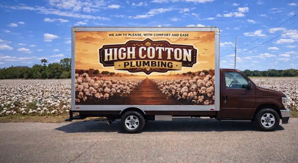 Brown plumbing van with "High Cotton Plumbing" logo and a cotton field graphic parked on a roadside. Bright blue sky and field in the background.