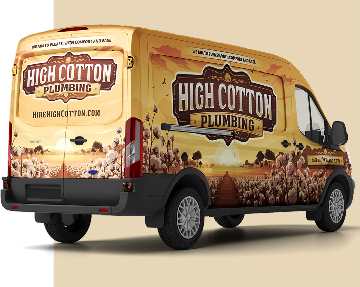 A yellow van with "High Cotton Plumbing" logo, cotton field imagery, and sunset background. Slogan reads, "We aim to please, with comfort and ease."