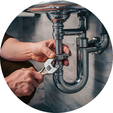 Hands using a wrench to tighten a shiny metal pipe under a sink, depicting plumbing work in progress. The setting is a clean, modern bathroom.